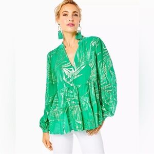 Lilly Pulitzer || Sarita Silk Palm Top Ruffle Long Sleeve Green Gold 8